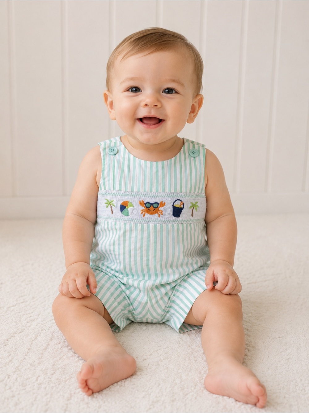 Good Lad Mint Green & White Striped Smocked Romper with Beach Embroidery